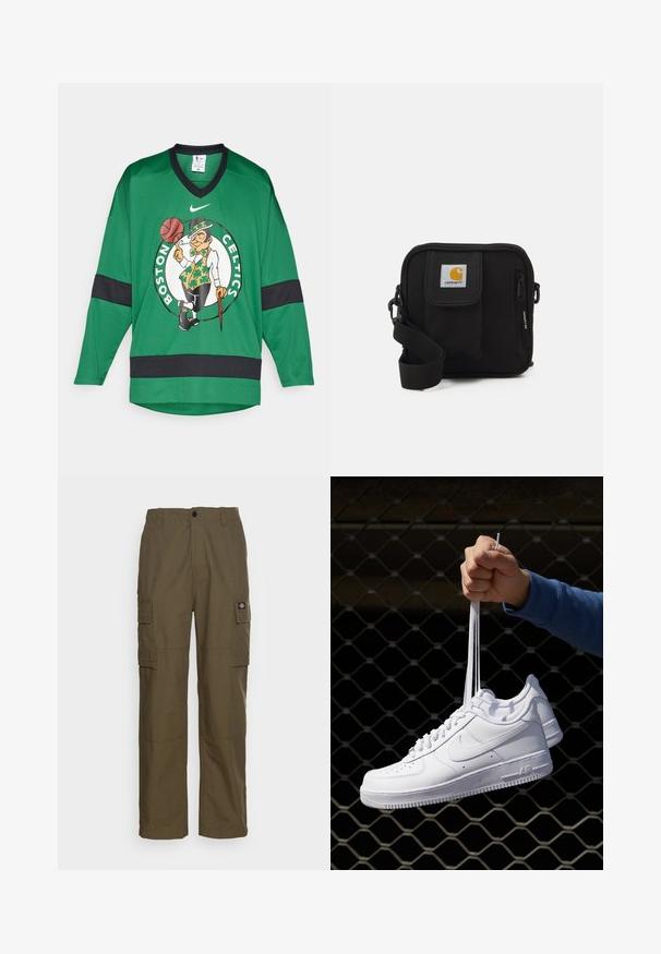 Zöld kosárlabdamez fekete gallérral és ujjal. Nagy Celtics logóval és egy kosárlabdát tartó törpével díszítve.; Olajzöld cargo nadrág, tartós anyagból készült. Két oldalsó zsebe van, szabványos derékkal és egyenes fazonnal rendelkezik.; Fehér bőr sportcipők perforációval, kerek orral, lapos talppal és vastag fűzőkkel, látható swoosh logóval és "AIR" felirattal a sarokrészen.; Fekete keresztbody táska cipzáras főrekesszel, elülső zsebbel, állítható pánttal és látható logóval a fedélen.