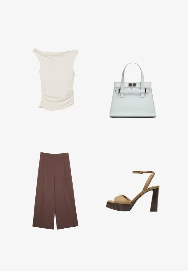 Kermavan värinen paita, joka on valmistettu sileästä kankaasta. Paidassa on olkaimeton muotoilu, sivuilla on rypytetty yksityiskohta ja kaareva helma.; Ruskeat leveälahkeiset housut, joissa on sileä pinta, korkea vyötärö ja etupleat. Kangas on kevyttä ja laskeutuu väljänä.; Beige-nahkareunaiset korkokengät, joissa on leveä etuolka ja ankle strap, varustettu paksulla puukengän korolla, jossa on tekstuuripinta.; Vaaleansininen käsilaukku, jossa on jämäkkä muotoilu, kaksi kahvaa ja hopeanvärinen kiinnitys. Pinta on teksturoitu ja kulmat terävät.