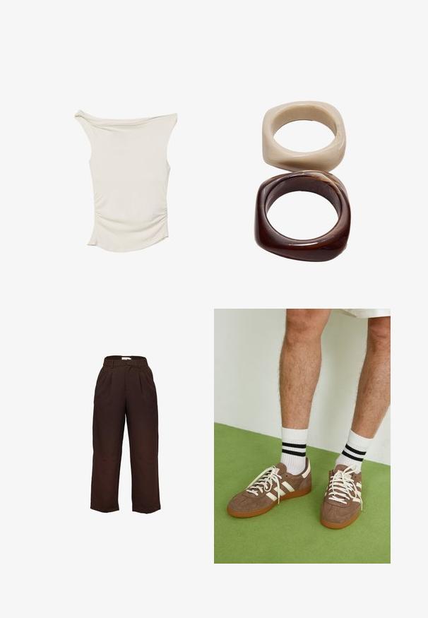 Krämfärgad topp i slät tyg, med off-shoulder design, rynkade detaljer på sidorna och rundad nederkant.; Högmidjade, mörkbruna vida byxor med bältesöglor och framfickor, uppställda mot en vit bakgrund.; Bruna mockaskor med vita detaljer och snören. Gummisula i beige. Bärs med vita strumpor med svarta ränder. Grön strukturerad golvyta.; Stradivarius SET - Armband - dark brown