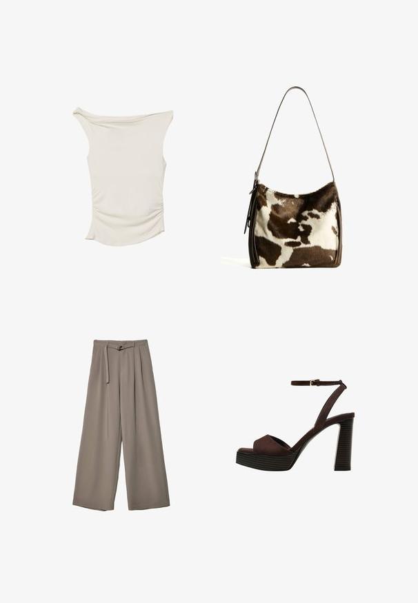 Top color crema realizzato in tessuto liscio, con un design off-shoulder, dettagli arricciati ai lati e un orlo curvo.; Pantaloni a gamba larga in un morbido tessuto grigio tenue, con vita con cintura e pieghe per un tocco di design aggiuntivo. Texture liscia, senza motivi.; Sandal in camoscio marrone con tacco alto, punta aperta, cinturino alla caviglia regolabile e suola a piattaforma striata.; Borsa a spalla in pelle bovina marrone e crema con tracolla in pelle liscia, chiusura con zip e superficie morbida e testurizzata con un motivo naturale.