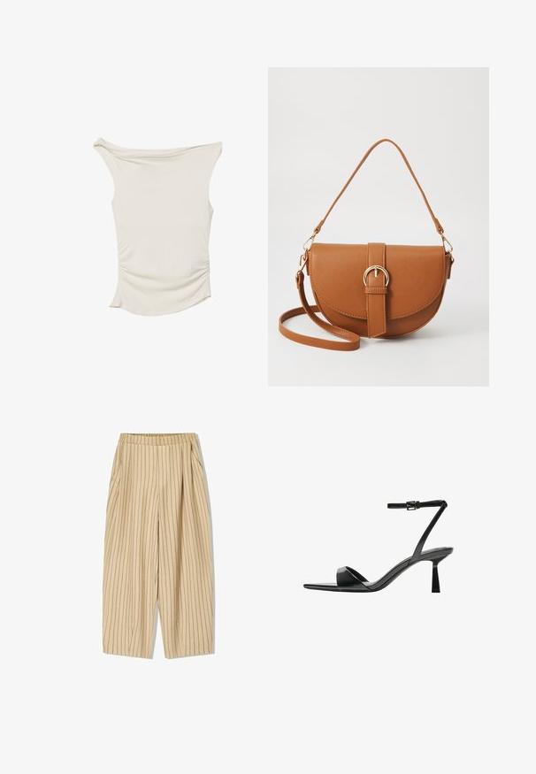 Cremefarbenes Oberteil aus glattem Stoff mit schulterfreier Gestaltung, gerafften Details an den Seiten und einem geschwungenen Saum.; Beige gestreifte Hosen mit elastischem Bund, zwei Seitentaschen, lockerer Passform und vertikalen schwarzen Nadelstreifen als Detail.; Bershka High Heel Sandalette - black; Braune Leder-Crossbody-Tasche mit geschwungener Form, goldfarbenen Beschlägen und einer Schnallenakzentuierung. Verfügt über einen abnehmbaren Schultergurt.