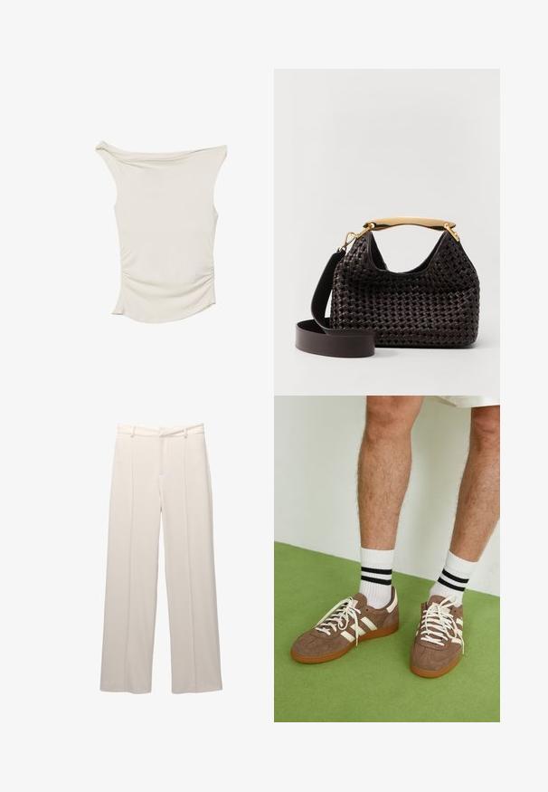 Top color crema realizzato in tessuto liscio, con un design off-shoulder, dettagli arricciati ai lati e un orlo curvo.; Pantaloni a gamba larga in tessuto beige chiaro con una texture liscia. Presentano una vita aderente, pieghe frontali e nessuna tasca visibile.; Sneaker in suede marrone con dettagli e lacci bianchi. Suola in gomma color gomma. Indossati con calzini bianchi con righe nere. Pavimento verde texturizzato.; Elleme BOOMERANG WOVEN - Borsa a mano - brown