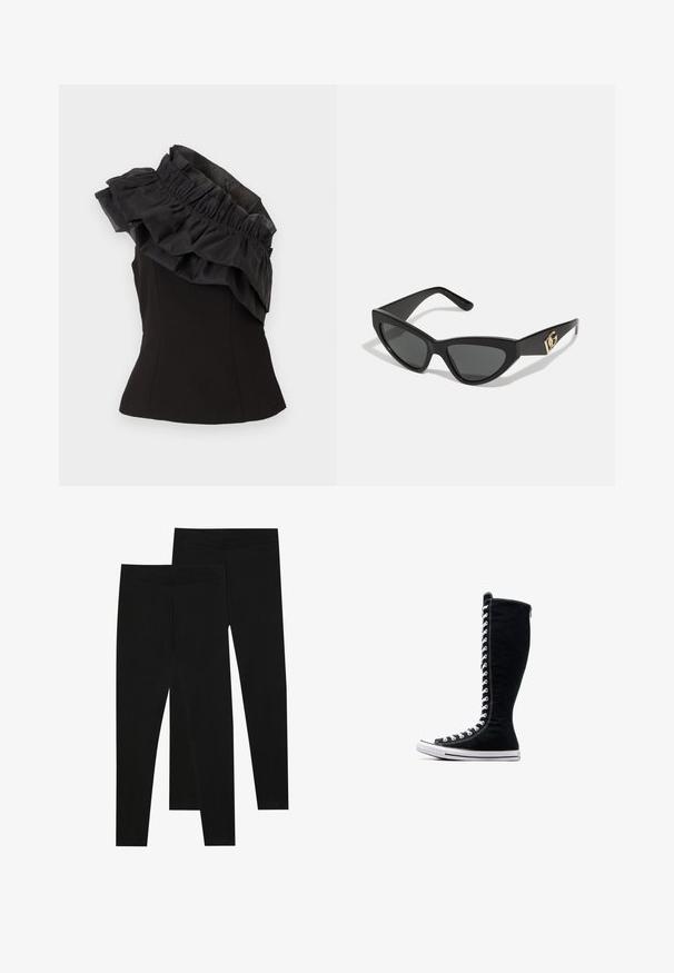 Top negru fără mâneci, cu un guler din material în volane și straturi. Materialul are o textură netedă, iar designul este ajustat cu o formă peplum.; Leggings negre dintr-un material elastic, cu o talie fără cusături și un design slim fit, potrivite pentru îmbrăcăminte casual sau exerciții fizice.; Adidași negri cu glezna înaltă, cu un design elevat, realizați din pânză. Acestia au șireturi albe, cusături și o talpă din cauciuc cu capac pentru degete.; Ochelari de soare tip cat-eye cu un cadru din plastic mat de culoare neagră, lentile întunecate și un accent de logo aurit pe tâmple. Design unghiular și textură netedă.
