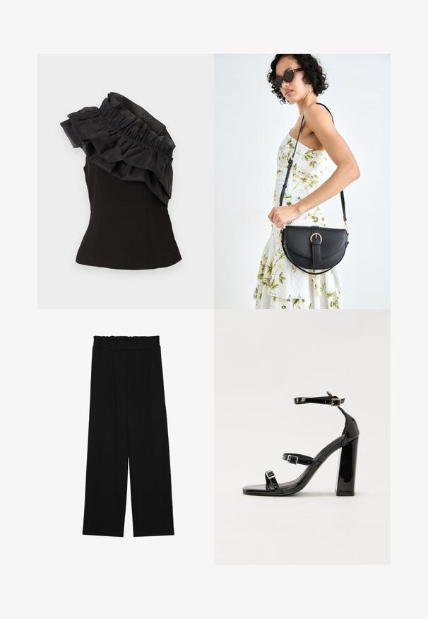 Top sans manches noir avec un col en tissu froncé et superposé. Le matériau a une texture lisse, et le design est ajusté avec une forme à basque.; Pantalons larges noirs à taille volante, dotés de deux poches latérales et d'un tissu lisse et léger. Pas de motifs ni de matériel visible.; Sandales à talons vernies noires avec un bout carré, des sangles autour de la cheville et des boucles en argent. Dotées d'un talon bloc épais pour plus de stabilité.; Sac à main en cuir noir avec une forme courbée, bandoulière amovible et des accessoires en or. Le sac est doté d'un rabat avec un détail de boucle.