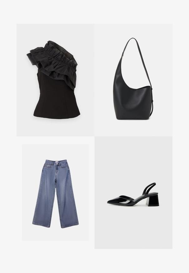 Black sleeveless top with a ruffled, layered fabric neckline. The material has a smooth texture, and the design is fitted with a peplum shape.; Wide-leg denim jeans in a light blue wash, featuring a high waist, front pockets, and a button closure with belt loops.; Black patent leather slingback heels with a pointed toe and a geometric block heel. Features a sleek, minimal design and smooth texture.; Black leather hobo bag with a smooth texture, curved shape, and single adjustable strap; features a wide opening at the top.