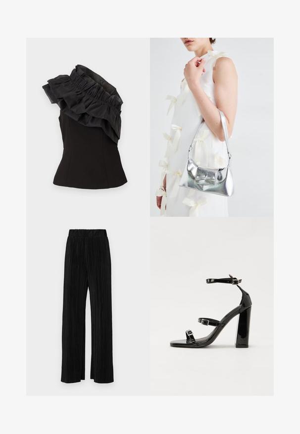 Top nero senza maniche con un collo in tessuto a strati e arricciato. Il materiale ha una consistenza liscia e il design è aderente con una forma a peplo.; Pantaloni neri a plissé con vita elasticizzata. Presentano gamba ampia e un tessuto liscio e texture con strisce verticali.; Sandali con tacco in vernice nera, con punta squadrata, cinturini alla caviglia e fibbie in argento. Presentano un tacco a blocco spesso per maggiore stabilità.; Borsa a mano metallica argento con forma strutturata, dotata di manico superiore e dettaglio a fiocco sulla parte frontale. Texture liscia e finitura riflettente.