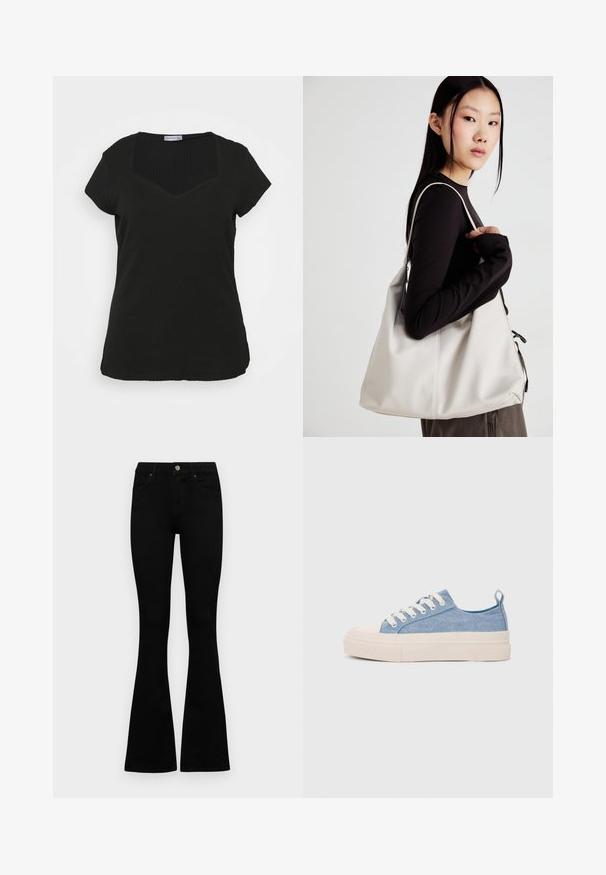 Tricou negru cu dungi, cu decolteu pătrat, mâneci scurte și o siluetă ajustată. Textură de țesătură netedă și tiv fără cusături.; Jeans negri cu talie înaltă, cu închidere prin nasture și fermoar, buzunare frontale și picioare evazate, așezați pe un fundal alb.; Sneakers din pânză de culoare albastru deschis, cu vârf și talon din cauciuc crem, având șireturi albe și un maner pe călcâi.; Geantă bej din material moale, cu un design lejer, detalii cusute și două bretele pentru umăr. Potrivită pentru utilizarea zilnică.