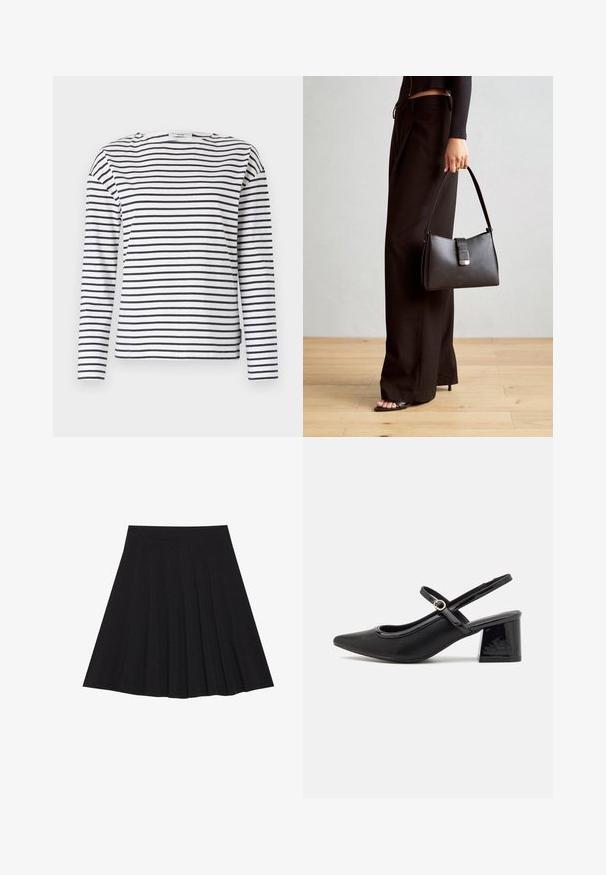 Valkoinen pitkähihainen paita, jossa on tummansinisiä vaakasuoria raidoituksia. Sisältää pyöreän pääntien ja suoran helman. Valmistettu kevyestä puuvillamateriaalista.; Musta taitettu hame, joka on valmistettu teksturoidusta kankaasta ja jossa on tiukka vyötärö. Laskeutuu polveen, ja siinä on suora ja siisti siluetti.; Musta lakattu nahka slingback-korkokengät, joissa on terävä kärki, pyöreä aukko-muotoilu ja lohkokorko. Varustettu kultasävyisellä solkiyksityiskohdalla.; Musta käsilaukku, jossa on rakenteellinen muoto, sileä pinta ja metallinen solki. Yhdistetty leveisiin mustiin housuihin ja avonaiheisiin sandaaleihin puulattialla.