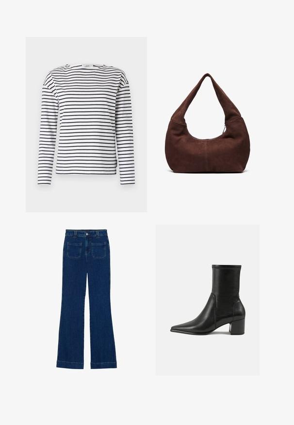 Balta garām piedurknēm krekla ar tumši zila horizontālām svītrām. Tam ir noapaļots kakla izgriezums un taisns apakšmalas. Izgatavots no viegla kokvilnas auduma.; Tumši zili džinsi ar izplestām kājām, gluda tekstūra, piecu kabatu dizains un pogu aizdare jostas vietā.; Melnas potītes zābaki, kas izgatavoti no gludas ādas, ar smailu purngalu, blokveida papēdi un izteiktu paceltu šuvumu augšējā malā.; Brūna zamšādas hobo soma ar izliekta, plaša rokturi un lielu atvērumu. Mīksta tekstūra ar redzamām šuvju detaļām gar malām.