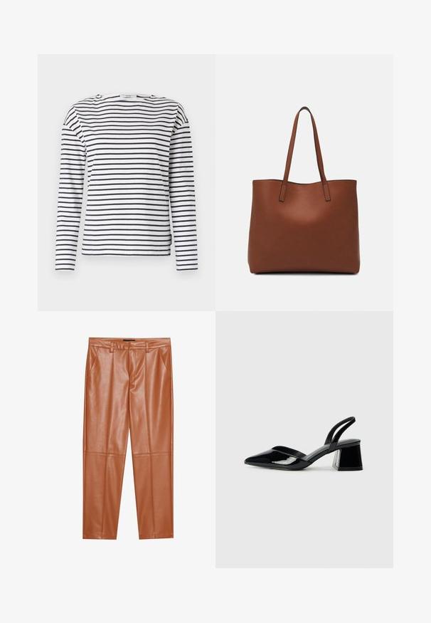 White long-sleeve shirt with navy horizontal stripes. Features a rounded neckline and a straight hem. Made of lightweight cotton material.; Brown faux leather trousers with a tailored fit, featuring front pleats and straight legs. Smooth texture with no visible hardware or accents.; Black patent leather slingback heels with a pointed toe and a geometric block heel. Features a sleek, minimal design and smooth texture.; Brown leather tote bag with a smooth texture, open top design, and two shoulder straps. Features minimal stitching and no visible hardware.