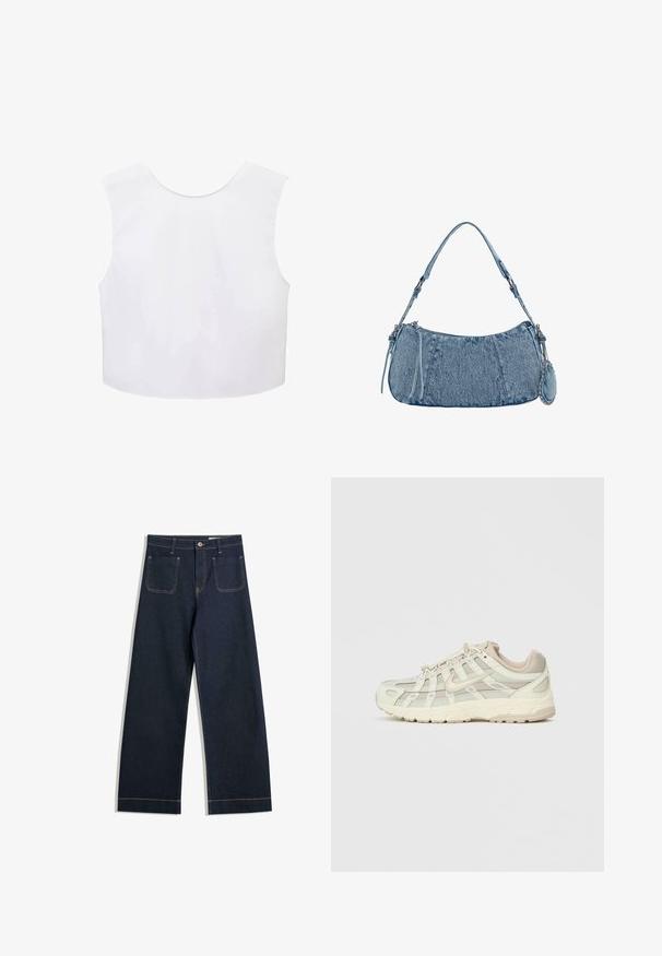 Top crop alb fără mâneci, cu decolteu rotund, dintr-un material neted și cu un design simplu. Fără modele vizibile sau detalii din metal.; Jeans largi de culoare albastru închis, din denim, cu cusături de un bej contrastant, două buzunare la spate și încheiere cu nasture la talie.; Adidași ușori de culoare bej deschis, cu panouri din plasă și o talpă împăturită. Aceștia dispun de un sistem de închidere cu șireturi, vârf rotund și accente aurii pe lateral.; Geantă din denim cu o formă curbată, de culoare albastru deschis, curea de umăr ajustabilă și un mic pouch detașabil cu accente metalice.