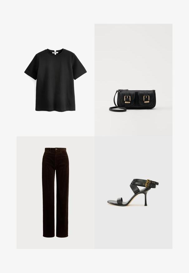 Černé tričko s krátkým rukávem vyrobené z bavlny. Kulatý výstřih s rovnem spodním lemem a bez viditelných vzorů či grafik. Měkká, hladká textura.; Polo Ralph Lauren COTTON CORDUROY WIDE-LEG PANT - Kalhoty - dark beech; Černé sandály na podpatku s kříženými popruhy a nastavitelnou sponou. Mají hladký povrch a špičatý stiletto podpatek.; Černá kožená crossbody taška se dvěma předními kapsami, zlatými přezkami, zipovým uzávěrem a štíhlým popruhem. Texturovaný povrch a kompaktní obdélníkový tvar.
