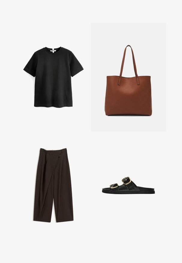 Fekete, rövid ujjú pamut póló. Kerek nyakkivágással, egyenes aljjal, és nem látható mintákkal vagy grafikákkal. Puha, sima tapintás.; Sötétbarna, bő szárú nadrág magas derékkal, egyetlen gombos záródással és redős elülső résszel. Könnyű anyagból készült.; Fekete csúszó szandál, két arany csattal, sima textúrájú anyagból, lapos talppal és minimalista dizájnnal.; Barna bőr vászontáska sima textúrával, nyitott tetejű dizájnnal és két vállpánttal. Minimális varrással és látható hardver nélkül készült.