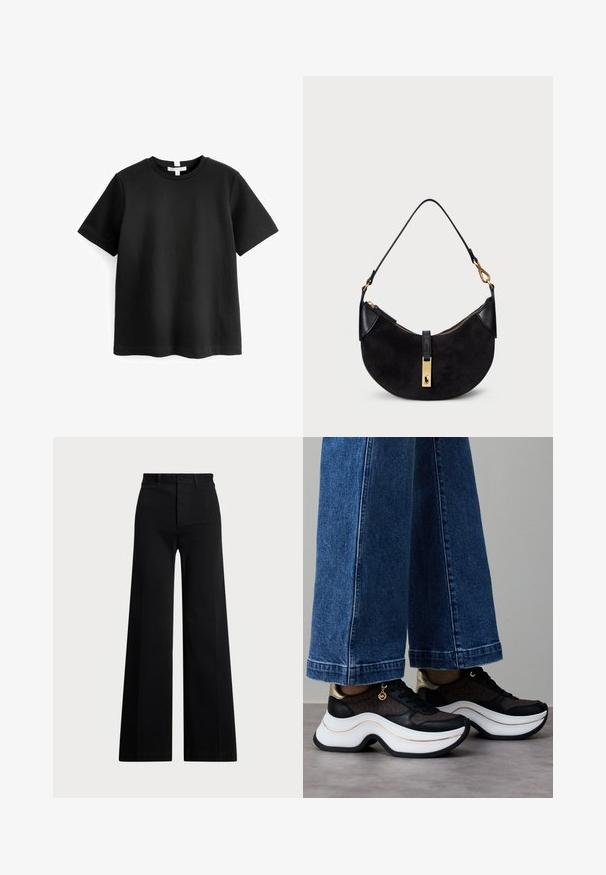 Fekete, rövid ujjú pamut póló. Kerek nyakkivágással, egyenes aljjal, és nem látható mintákkal vagy grafikákkal. Puha, sima tapintás.; Fekete, bő szárú nadrág szőtt anyagból, magas derékkal, elől gombos záródással és oldalzsebekkel. Simává textúrával és letisztult vonalakkal.; Fekete és arany sportcipők ívelt, fehér talppal. Texturált szövet logós részletekkel. Széles, kék farmernadrággal párosítva.; Fekete kézi táska ívelt formában, velúrból és bőrből készült, aranyszínű cipzárral és logó részlettel rendelkezik. Rövid fogantyú található rajta.