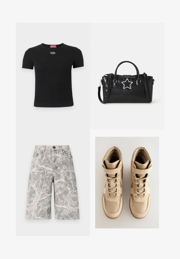 Čierne rebrované tričko s krátkymi rukávmi, s okrúhlym výstrihom a malým strieborným logom v strede prednej strany.; Džínsy s maskáčovým vzorom v odtieňoch šedej a béžovej, s klasickým dizajnom piatich vreciek a kovovým zapínaním.; Béžové vysoké tenisky s textúrovaným semišovým a koženým zvrškom, so šnúrkovým zapínaním, suchým zipsom a gumovou podrážkou.; Čierna kabelka vyrobená z umelého kože s hviezdicovým strieborným akcentom, dvojitými rukoväťami a nastaviteľným ramenným popruhom.; Viacvrstvový strieborný náhrdelník s retiazkami, bielymi perličkami, hviezdou a mesiacom ako príveskami, s okrúhlym pendantom na spodku, ktorý zobrazuje slnečný dizajn.