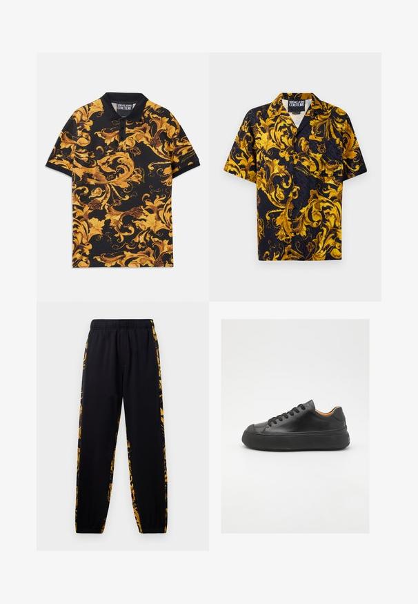 Melna polo krekls ar dzīvīgu dzeltenu un brūnu griezīgu ziedu rakstu, ar klasisku apkakli un trīs pogu atvēršanu.; Melna īsām piedurknēm pogājama krekla ar dzelteniem un zelta baroka ziedu rakstiem un priekšējo kabatu, iekšējā apvalkā ar marķējumu "Versace Jeans Couture".; Melnas sporta bikses ar elastīgu jostu un aizdari, ar zelta un melnu ziedu raksta sānu paneļiem.; Melna ādas sporta kurpe ar apaļu purngalu, ar auklēm priekšā, gluda tekstūra, bieza gumijas zole un kontrastējošs brūns iekšpuses materiāls.