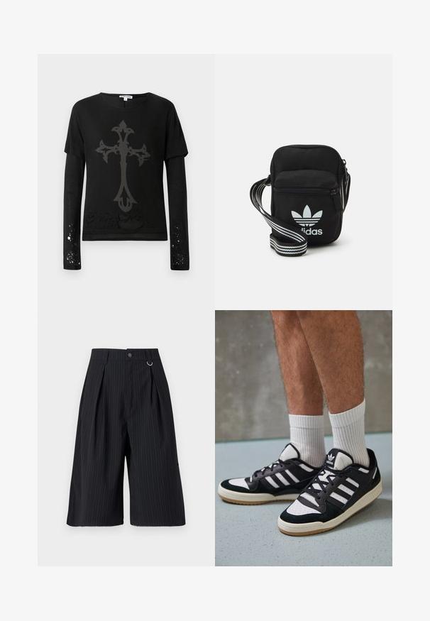Zwart langemouwen shirt met korte mouwen overlay, met een groot grijs kruisontwerp en versleten accenten nabij de zoom en mouwen.; Zwarte pinstripe shorts met plooien, een knoopsluiting en een metalen ringaccent. Glad materiaal met een getailleerde pasvorm en een knie-lange uitstraling.; Zwart-witte sneakers met een bovenwerk van suede en leer, voorzien van drie witte strepen, een geperforeerde neus en een rubberen gumzool.; Zwarte stoffen schoudertas met een ritssluiting, voorzien van een wit Adidas-logo en een gestreepte, verstelbare schouderband voor gemakkelijk dragen.