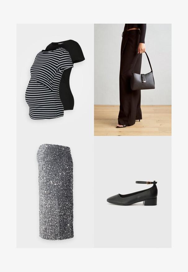 Duas t-shirts de maternidade: uma preta, outra às riscas preta e branca. Ambas têm mangas curtas e uma bainha curva, desenhadas para conforto durante a gravidez.; Vestido prateado com brilhantes, de forma ajustada, textura suave e padrão degradê de cinza escuro para claro, curto na bainha.; Sandal de pele preta com bico pontiagudo e um salto bloco baixo. Apresenta uma tira no tornozelo com uma fivela em tom dourado. Textura suave.; Bolsa preta com forma estruturada, textura suave e um fecho metálico. Combinada com calças largas pretas e sandálias de salto aberto sobre um chão de madeira.
