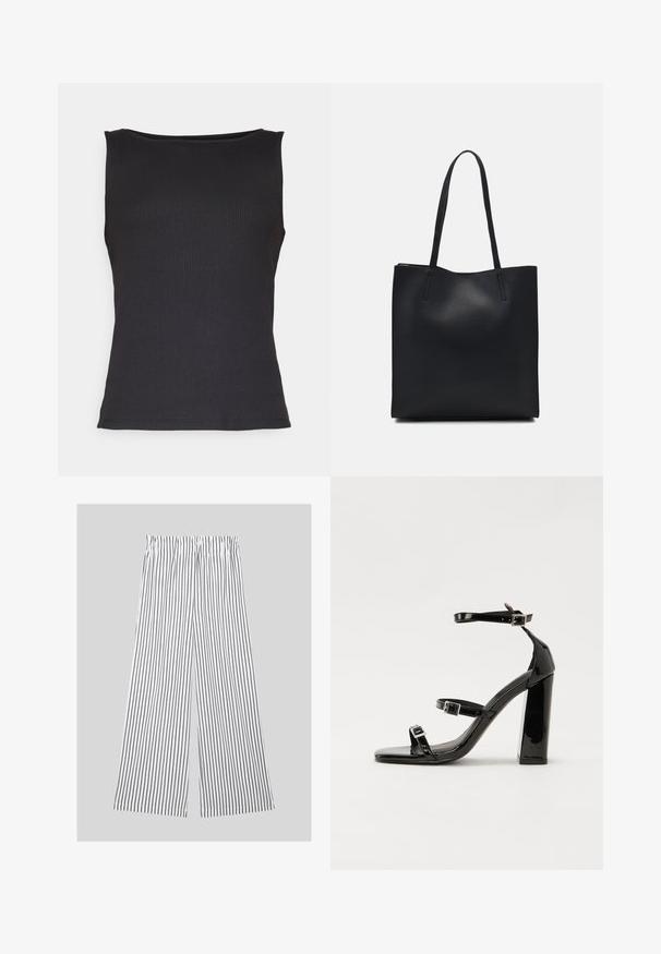 Juodas ribotas be rankovių topas su apvaliu kaklu. Minkšta tekstūra, prigludęs dizainas ir švarios briaunos. Universalus sluoksniavimui arba savarankiškam dėvėjimui.; Lengvi plati kelnių modeliai, pagaminti iš lengvo audinio, su vertikaliomis juodai baltomis juostelėmis ir elastiniu juosmeniu, užtikrinančiu patogumą.; Juoda blizgi lakuota basutė su kvadratiniu pirštu, kulkšnies dirželiais ir sidabro sagtimis. Yra tvirta blokinė kulno konstrukcija, užtikrinanti stabilumą.; Juodas odinis tote krepšys su lygia tekstūra, stačiakampio formos ir dviem ilgais rankenomis. Matomų metalinių detalių ar puošybos nėra.