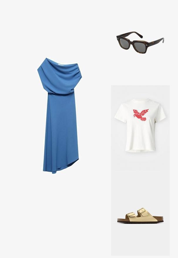 Hvid kortærmet T-shirt med rødt grafisk design af en flyvende fugl dannet af ordene "KÆRLIGHED" og "FRED" på brystet.; Blå kjole lavet af glat, let stof med draperet halsudskæring, asymmetrisk kant og samlet detalje på siden.; Guld veganske lædersandaler med to justerbare remme, korkfodbed og mørk gummisål. Glat tekstur med metallisk finish.; Rektangulære solbriller med ramme i skildpaddemønster af plast, mørke linser og sølvdetaljer på siderne. Fremstillet i Italien.