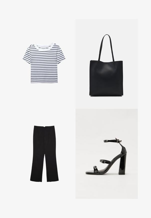 Hvid kortærmet t-shirt med marineblå vandrette striber, med rund halsudskæring og en blød, ribbet tekstur.; Sorte bukser med lige pasform, der har frontlommer og slidser i kanten. Lavet af blødt, glat stof. Velegnet til forskellige anledninger.; Sorte patenterede hælsandaler med firkantet tå, ankelremme og sølvspænder. Har en chunky blokHæl for stabilitet.; Sort læder tote taske med glat tekstur, rektangulær form og to lange hanke. Ingen synlig hardware eller udsmykninger.