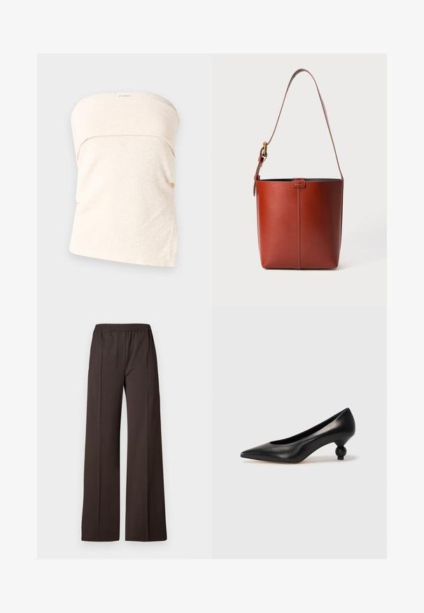 Gai pludmales krāsas strapless tops ar teksturētu audumu, veidots ar saliektu dizainu pie kakla un brīvu piegriezumu. Nav aizdare vai papildu detaļu.; Gari pamatkrāsas tumši brūnas bikses ar elastīgu jostasvietu, kas izceļas ar gludu tekstūru un vienkāršām līnijām, nodrošinot elegantu izskatu.; Melnas ādas augstpapēžu kurpes ar smailu purngalu un apaļu papēdi. Gluda tekstūra ar elegantu, minimālistisku dizainu.; Brūns ādas spainis ar regulējamu plecu siksnu un zelta toņa sprādzi, vienkārša vertikāla šuve priekšpusē.; WEEKEND MaxMara SENAPE - Cimdi - nero