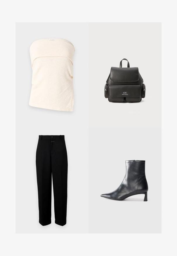Svetlo béžový top bez ramienok z textúrovanej tkaniny, ktorý má preložený design na dekolte a voľný strih. Bez zapínania alebo ďalších detailov.; Čierne nohavice vyrobené z hladkej tkaniny, s uzáverom na gombík, pútkami na opasok a striedmym strihom nohavíc.; Čierne kožené členkové topánky s špicatou špičkou a elegantným dizajnom. Majú nízky podpätok a zips na zadnej strane. Hladká textúra.; Čierny kožený batoh s klopou, prednou kapsou, bočnými zipsovými vreckami a hornou rukoväťou. Obsahuje detaily loga na prednej strane.