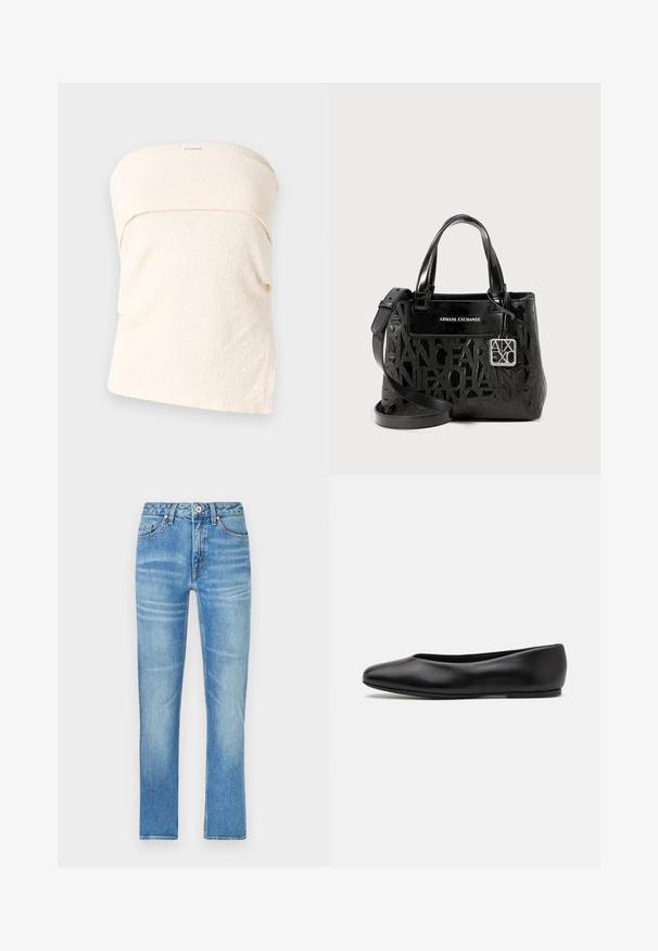 Lys beige stropløs top i struktureret stof, med et flettet design ved halsudskæringen og en løs pasform. Ingen lukninger eller yderligere detaljer.; Lyseblå denimjeans med lige ben, der har forlommer, knaplukning og diskret falmning over stoffet.; Paul Smith TOPANGA - Ballerinasko - black; Sort taske lavet af glansfuldt materiale med et præget logo-design, dobbelte håndtag, en aftagelig skulderrem og sølvfarvet hardware.