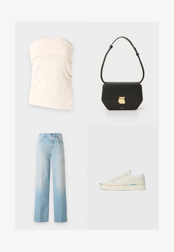 Vaaleanbeige olkaimeton paita, jossa on teksturoitu kangas, kauluksessa taitettu muotoilu ja väljä istuvuus. Ei kiinnityksiä tai lisätietoja.; Vaaleansiniset farkut leveillä lahkeilla, joissa on haalistunut gradientti, klassinen viisi-taskumalli ja metallinen nappisulku.; Valkoinen matala tennari nauhalla, valkoisella sisävuorella ja huomaamattomalla monivärisellä koristelulla kengän pohjan reunassa, sivuprofiili.; CLOSED CLOSED ONE - Olkalaukku - black