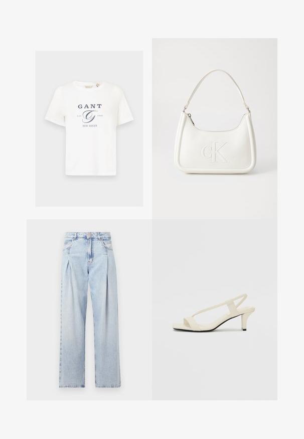 Weiße Baumwoll-T-Shirt mit kurzen Ärmeln, mit einem grafischen Text in Marineblau, der "GANT", "EST. 1949" und "NEW HAVEN" enthält.; Helle blaue Denim-Jeans mit hoher Taille, weitem Beinschnitt, zwei seitlichen Taschen und gefaltetem Design. Weiche Textur mit einem ausgebleichten Finish.; Beige Blockabsatzsandalen mit dünnen Riemen und quadrater Spitze. Glattes Material mit minimalem Design, entworfen für einfaches Tragen.; Weiße Lederhandtasche mit abgerundeter Form, ausgestattet mit einem geprägten "CK"-Logo auf der Vorderseite und einem Einzel-Schultergurt. Reißverschluss oben.