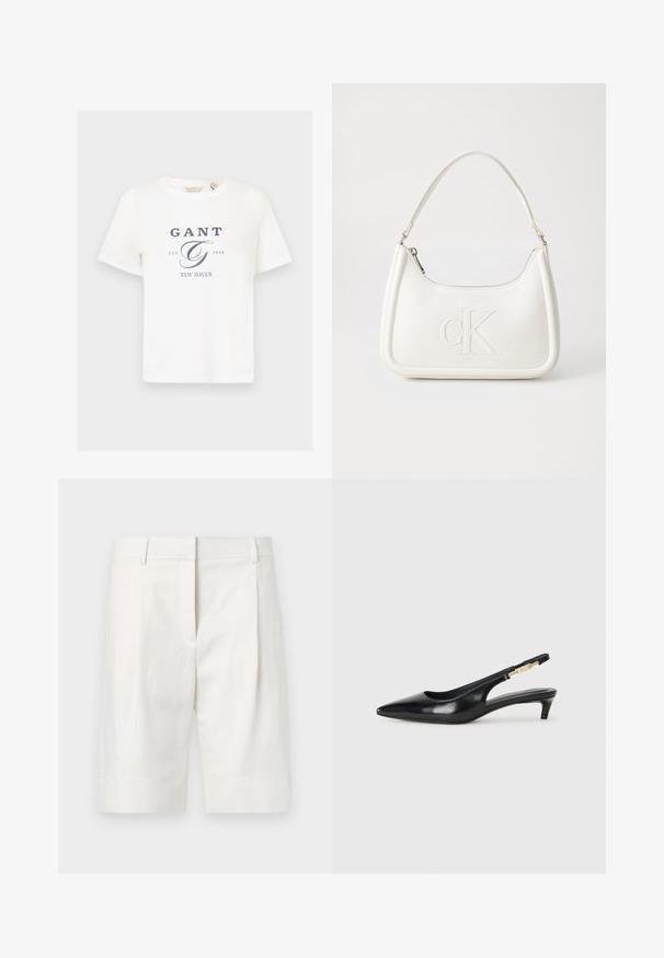 Witte katoenen T-shirt met korte mouwen, voorzien van een marineblauw grafisch tekst ontwerp met "GANT," "EST. 1949," en "NEW HAVEN."; Lichtgekleurde op maat gemaakte shorts van katoen, met een vlakke voorkant, plooien en een rechte snit. Gladde textuur met een klassieke afwerking.; Zwarte leren slingback hakken met een spitse neus, voorzien van een slanke hak en een goudkleurige accent op de verstelbare band. Gladde textuur.; Witte lederen handtas met een gebogen vorm, voorzien van een reliëf "CK" logo aan de voorkant en een enkele schouderriem. Ritsluiting aan de bovenkant.