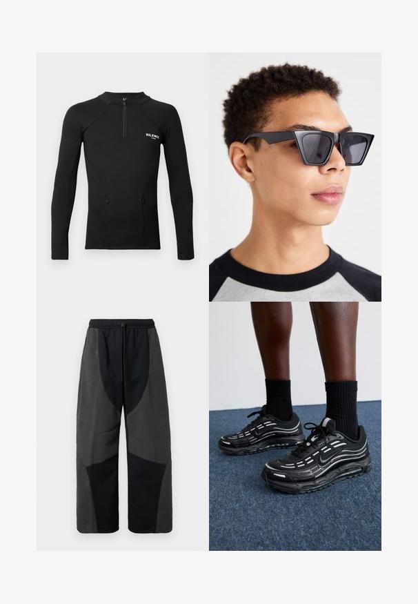 Fekete, hosszú ujjú sport póló, cipzáros gallérral, testhezálló fazonnal és két oldalsó zsebbel. A mellkasán a "SILENCE" feliratú logó található.; Laza szabású, fleece-el díszített fekete nadrág, kontrasztos sötétszürke anyagpanelokkal és állítható zsinóros derékkal.; Fekete Nike cipők hálós felsőrésszel, kiemelő csíkokkal, texturált fűzővel és fekete gumitalppal rendelkeznek. Fekete bordázott zoknikkal viselve.; Fekete, szögletes napszemüveg sötét lencsékkel, merész geometrikus dizájnnal és matt felülettel. Egy rövid hajú személy viseli.