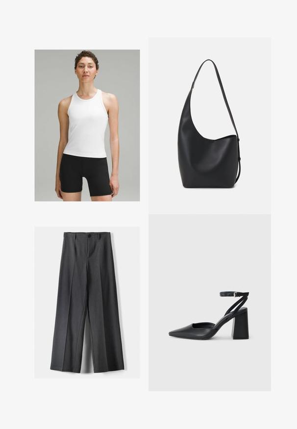 Witte sportieve tanktop met een ronde halslijn en brede bandjes, gecombineerd met zwarte aansluitende shorts. Gladde stof met minimale naden.; Wijde broek in donkergrijze stof, met een knoopsluiting, voorplooien en riemlussen. Gladde textuur met een op maat gemaakte uitstraling.; Zwarte leren puntige pump met een enkelbandje en een chunky hak. Vlakke textuur, strakke vormgeving en minimalistische esthetiek.; Zwarte leren hobo tas met een gladde textuur, kromme vorm en een enkele verstelbare schouderband; heeft een brede opening aan de bovenkant.