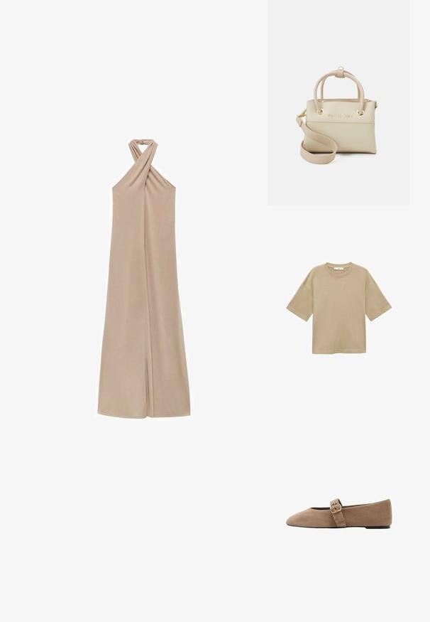 Bež t-shirt iz bombaža s kratkimi rokavi, okroglo ovratnikom in sproščenim krojem. Gladka tekstura brez vzorcev ali dodatnih podrobnosti.; Bežni halter-kragni obleka s zvitim dizajnom, izdelana iz mehkega blaga, z rahlo padajočo silhueto in dolžino do tal.; Beige semiš balerinke z ostrim nosom in nastavljivim trakom s kovinsko zaponko na strani za zapiranje.; Bež torba iz usnja z zgornjimi ročaji, nastavljivim trakom, detajlom logotipa in zlatim okovjem. Gladka tekstura in strukturirana oblika.