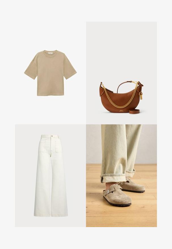 Tricou din bumbac bej, cu mâneci scurte, gât rotund și o croială lejeră. Textură netedă, fără modele sau detalii suplimentare.; Jeans cu picioare late din denim alb-crem. Design cu talie înaltă, cu închidere prin nasture, două buzunare frontale și detalii cu cusături contrastante.; Saboti din suede bej deschis, cu cataramă metalică și detalii cu nituri, purtați cu blugi deschiși la culoare, cu manșete, pe un podea din lemn.; Geantă de piele maro cu un design curbat, curea cu lanț auriu, buzunar interior și curea de umăr detașabilă. Dispune de cusături contrastante.