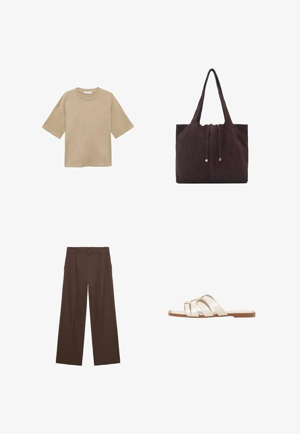 Bež pamuk t-shirt s kratkim rukavima, okruglim izrezom i ležernim krojem. Glatka tekstura bez uzoraka ili dodatnih detalja.; Smeđe široke hlače napravljene od glatkog materijala, sa visokim strukom, prednjim nabiranjima i dva bočna džepa.; Ravne sandale s smeškom od gume, dizajnirane s tri preklapajuće bele kožne trake i malim detaljem mašne u sredini.; Mango Velika torba - dark brown