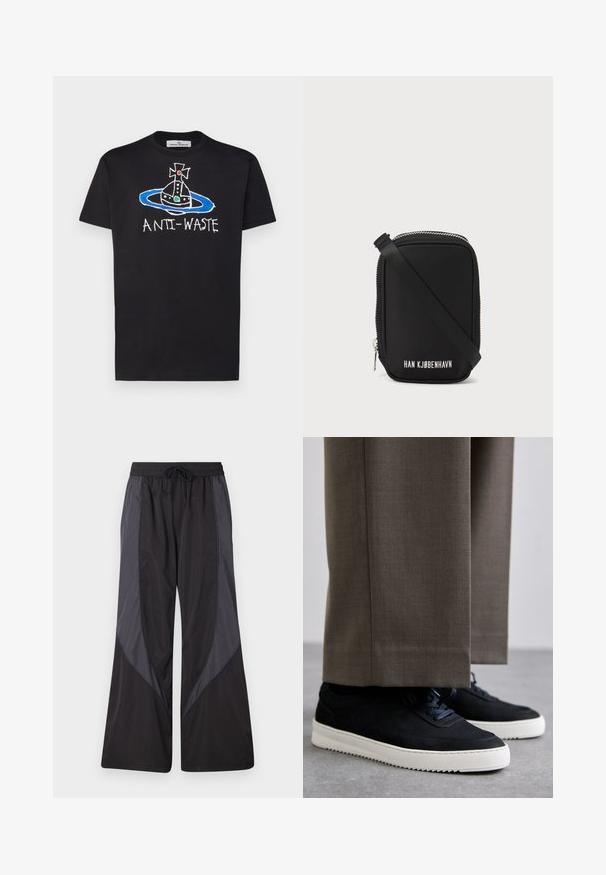 Vivienne Westwood ANTIWASTE CLASSIC - T-shirts med print - black; Han Kjøbenhavn PANELLED TRACK TROUSERS - Joggebukse - anthracite black; Svarte suedeglans sneakers med hvite gummisåler, med rund tå og lisser, iført grå skreddersydde bukser.; Svart bag med rektangulær form, laget av glat materiale. Har en toppglidser, justerbar stropp og hvit tekst: "HAN KJØBENHAVN."
