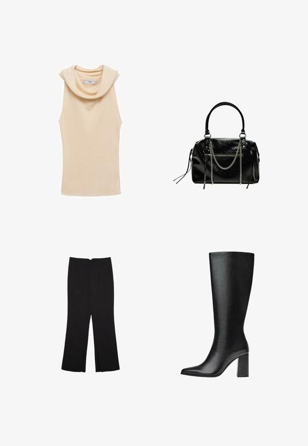 Béžový top bez rukávov s cowl výstrihom, vyrobený z rebrovaného materiálu. Vlastnosti hladkej textúry a priliehavého strihu.; Čierne nohavice so strihom rovného strihu, s prednými vreckami a bočnými rozparkami na leme. Vyrobené z mäkkej, hladkej tkaniny. Vhodné na rôzne príležitosti.; Čierne vysoké čižmy po kolená vyrobené z umelej kože, s špicatou špičkou, hladkým povrchom a robustným blokovým podpätkom. Minimalistický design bez viditeľných akcentov.; Bershka WITH CHAIN - Kabelka - black
