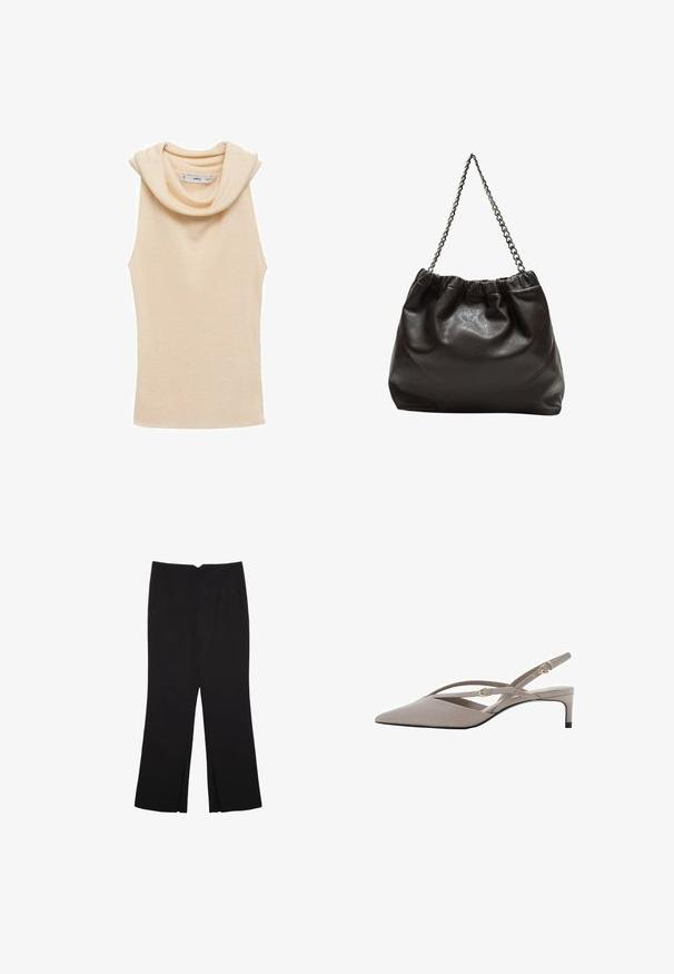 Béžový top bez rukávů s překládaným výstřihem, vyrobený z ribbed látky. Má hladký povrch a přiléhavý střih.; Černé kalhoty s rovným střihem, s předními kapsami a bočními rozparky na lemu. Vyrobené z jemné, hladké tkaniny. Vhodné na různé příležitosti.; Beige lodičky na podpatku s špičatou špičkou, tenkými kříženými pásky a krátkým jehlovým podpatkem. Hladká tkanina s pozlacenými kovovými detaily.; Hnědá kožená taška se sbíraným vrškem a řetízkovým popruhem. Hladký povrch s lesklým finišem a jemným švem na bocích.