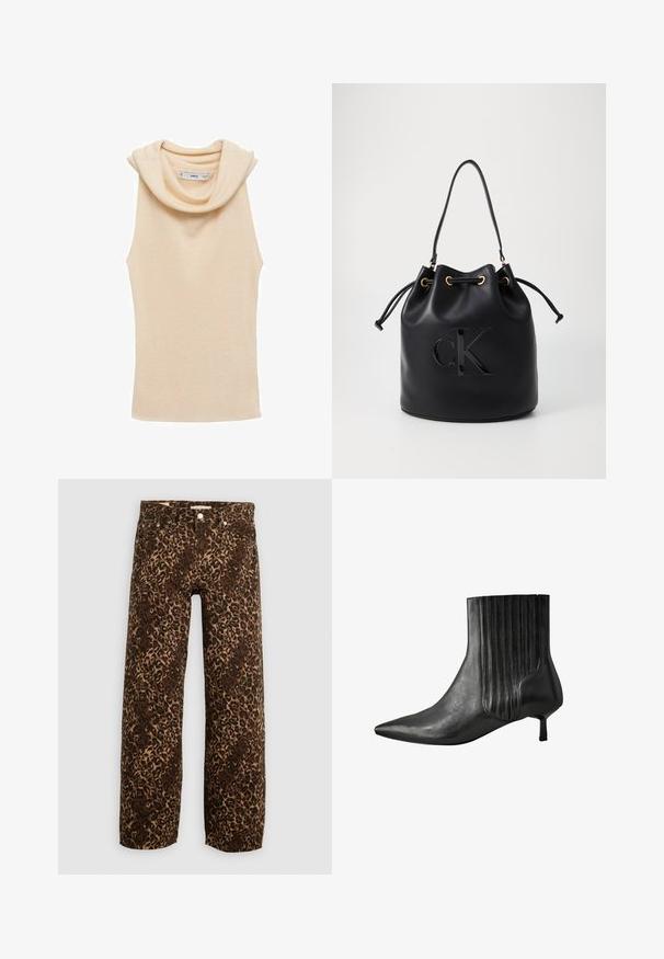 Beige ærmeløs top med en draperet halsudskæring, lavet af ribbet stof. Har en glat tekstur og en tætsiddende silhuet.; Bordeaux og tan leopardprint brede benjeans. Fremstillet af denim, med et klassisk fem-lomme design og metalhardwaredetaljer.; Sort læder ankelstøvle med spids tå, ribbet sideskæring og lav, kvadratisk hæl. Glat tekstur med en blank overflade.; Sort læder bucket bag med snørelukning, der har et glosseret "CK" logo foran og hardware accenter i guld-tone.; Pilgrim UNFOLD - Halskæder - gold
