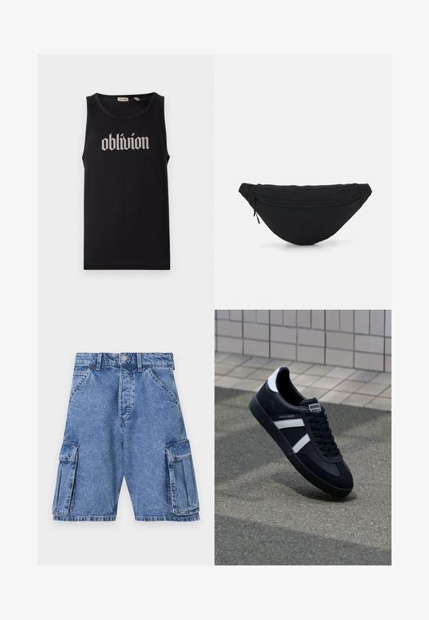 Zwarte tanktop van katoen, met in het midden op de voorkant een gedurfde witte gotische tekst "oblivion". Soepele textuur, mouwloos ontwerp.; Blauwe denim cargoshorts met een hoge taille, meerdere cargozakken aan de zijkanten en een klassieke vijf-pocket stijl. Stonewashed textuur.; Zwarte leren sneaker met witte strepen, een gestructureerde rubberen zool en vetersluiting aan de voorkant. Voorzien van een merklabel op de tong.; Zwarte stof heuptas met een afgeronde vorm, voorzak met rits en een gladde textuur. Geen zichtbare patronen of accenten. Lichtgewicht ontwerp.
