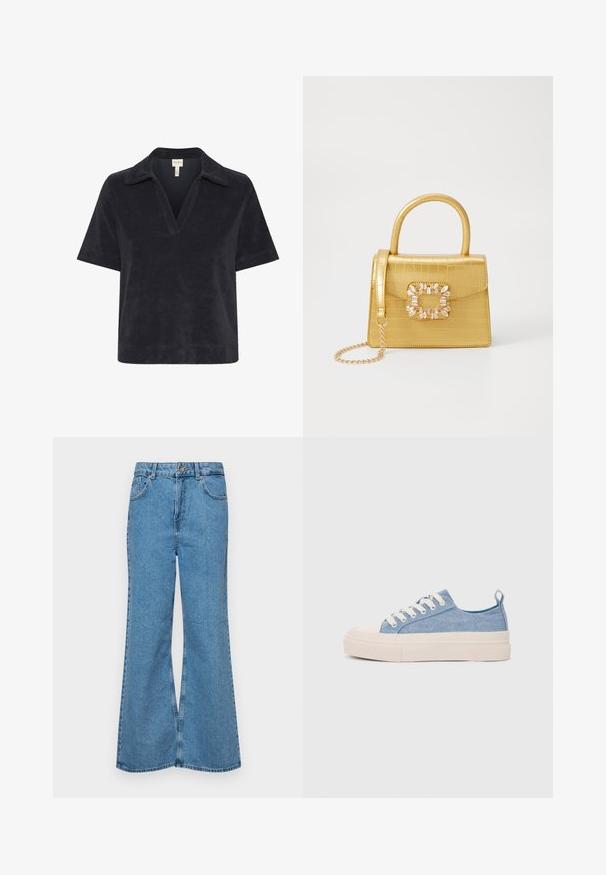 Part Two GIOVANNIPW TS - Polo krekls - dark navy; Gaiši zili, platā piegriezuma džinsi, kas izgatavoti no denima, ar augstu jostasvietu, piecām kabatām un vienu pogu. Mīksta tekstūra ar nolietotu apdari.; Gaiši zili kanvas sneakeri ar krēmkrāsas gumijas pirksta aizsargu un ārējo zoli, aprīkoti ar baltām šņorēm un cilpu uz papēža.; Dzeltena mākslīgā krokodila roku soma ar strukturētu dizainu, augšējo rokturi, noņemamu ķēdes siksniņu un dekoratīvām kristāla rotājumiem aizdares daļā.