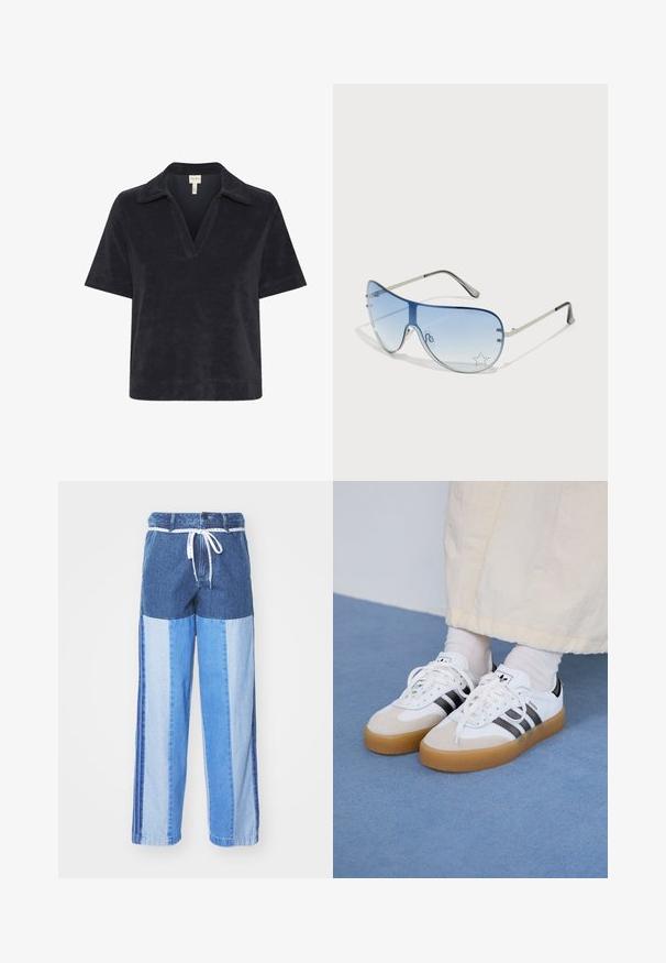 Part Two GIOVANNIPW TS - Polosärk - dark navy; Sinised teksapüksid, millel on erinevatest sinistest toonidest kokku õmmeldud mustriga, paelavöö ja laiad, sirged sääred.; Valged tossud mustade triipudega ja beeži nahaga aktsentidega. Omavad tekstuuriga kummist talla ja lamedaid valgeid paelu, kantud heledate sokkidega.; Aviatori prillid, millel on gradient sinine objektiiv, hõbedane metallraam ja dekoratiivsed staaraktsendid objektiivil. Sujuv ja stiilne disain.