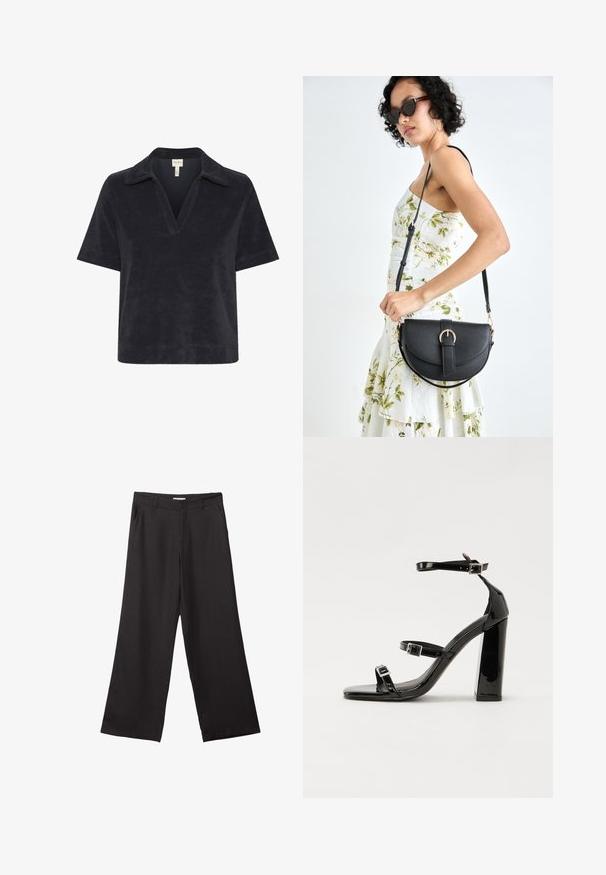 Part Two GIOVANNIPW TS - Poloshirts - dark navy; Sorte bukser med vidde, lavet af glat stof, med en frontlynlås og to sidelommer, i en skræddersyet pasform og minimalistisk design.; Sorte patenterede hælsandaler med firkantet tå, ankelremme og sølvspænder. Har en chunky blokHæl for stabilitet.; Sort læderhåndtaske med en buet form, aftagelig rem og guldfinish. Tasken har en klap med en spænde detalje.