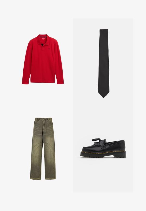 Rotes Langarm-Polohemd mit Kragen, das einen marineblauen Akzent und ein kleines Logo auf der Brust hat. Hergestellt aus weichem Baumwollmaterial.; Weißes Langarmhemd aus Baumwolle mit einem Button-Down-Kragen, einer einzelnen Brusttasche und einer lockeren Passform. Es hat kleine Knöpfe an der Vorderseite.; Olivengrüne Jeans mit weitem Bein aus Denim, ausgestattet mit geschwungenen Nahtakzenten, klassischen Knopfverschluss und einem verwaschenen Finish.; Schwarze Lederloafers mit einem fransenverzierten Akzent, ausgestattet mit einer robusten schwarzen Sohle und gelber Naht entlang der Kante. Texturierte Oberfläche.; Schwarze Fliege aus glattem Stoff, mit einer schlanken, verlängerten Form und einer spitzen Spitze, ohne sichtbare Muster oder Akzente.