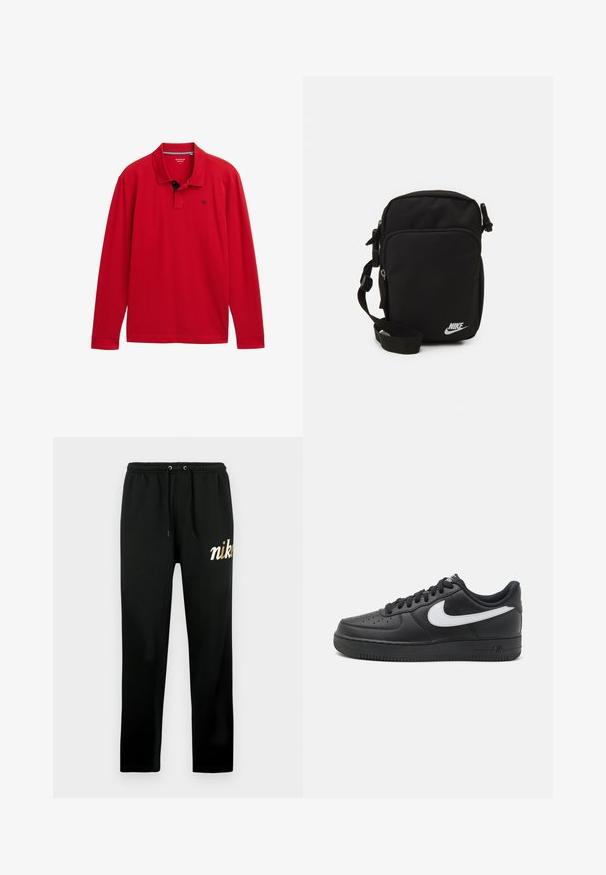 Sarkana garā piedurkne polo krekls ar apkakli, ar tumši zilu akcentu un nelielu logo uz krūtīm. Izgatavots no mīksta kokvilnas materiāla.; Melnas sporta bikses no mīksta auduma ar elastīgu jostu un auklām, sašaurinātām kājām un zelta izšūtu "nike" logotipu.; Melni Nike Air Force 1 kedai ar gludu ādas virsu, balti logotipa akcenti, perforētu purngals un teksturēta gumijas zole.; Melns neilona crossbody soma ar regulējamu siksnu, ar rāvējslēdzējiem nodalījumiem un baltu Nike logo priekšpusē. Gluda tekstūra, taisnstūra forma.