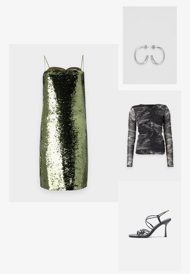Pitkähihaisessa paidassa on musta ja harmaa käärmeprintti; se on valmistettu teksturoidusta, joustavasta materiaalista, jossa on kerroksellisia yksityiskohtia sivuilla.; Vihreä paljettimekko suoralinjaisella leikkuulla, ohuilla säädettävillä olkaimilla, heijastavalla pinnalla ja kapealla siluetilla.; Mustat korkokengät sandaalit, joissa on ohuet hihnat solmittuna, sileä neliön muotoinen varvasosa ja tyylikäs stiletto-korko.; Vaalea harmaa metallinen käsilaukku, jossa on ketjusanka. Laukku on koristeltu pienillä pyöreillä metallikoruilla ja kolmion muotoisella brändilogolla.; Hopeiset korvarenkaat, joissa on sileä ja kiiltävä pinta, kaareva muoto ja piikkikiinnitys. Minimalistinen muotoilu modernilla viimeistelyllä.