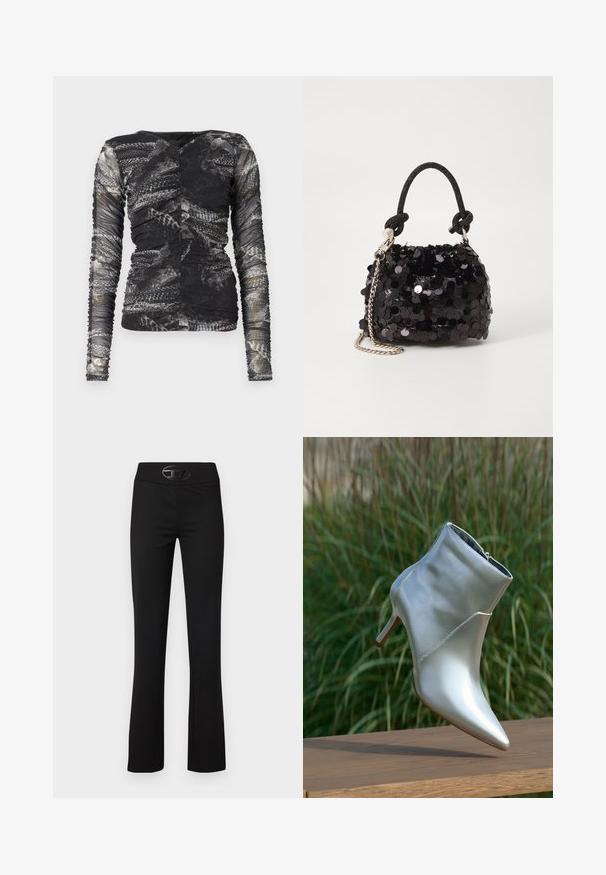 Camiseta de manga larga con un estampado de serpiente en negro y gris; hecha de un material texturizado y elástico con detalles fruncidos en los laterales.; Pantalones de campana negros con un tejido suave y elástico. Presenta una cinturilla ancha y un acento de logo negro brillante en la parte frontal.; Botín de tacón alto en plata brillante con punta afilada y cremallera, equilibrado sobre una superficie de madera frente a un fondo de hierba verde.; Bolso de mano mini negro con lentejuelas, con una correa de textura anudada y cadena plateada. Forma redondeada con parte superior fruncida y detalles reflectantes.