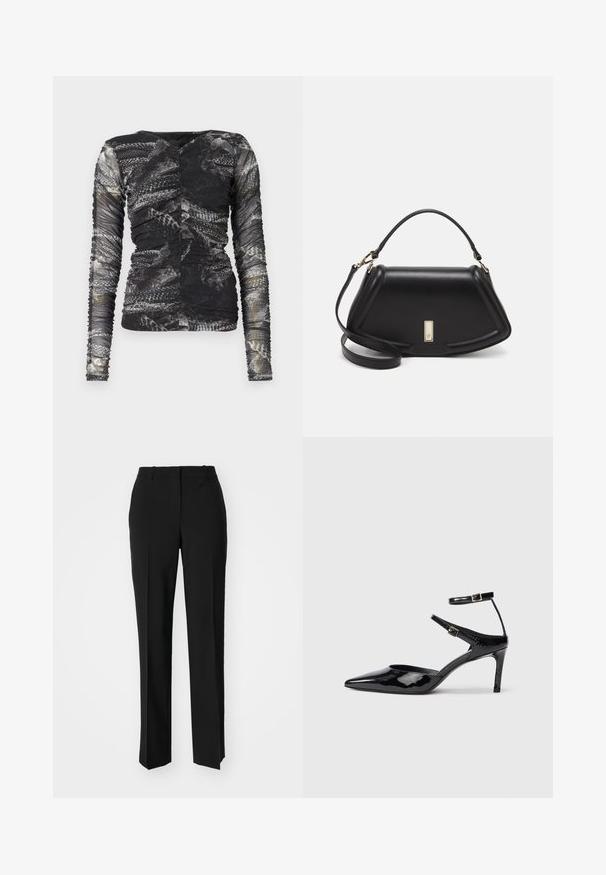Long-sleeve top featuring a black and gray snake print; made of a textured, stretchy material with gathered detailing on the sides.; Black tailored trousers with a straight-leg design, featuring a smooth texture and crisp creases along the front. No visible hardware.; Black patent leather heels with a pointed toe, adjustable ankle straps, and a slender heel. Smooth texture with a shiny finish.; Black leather handbag with a structured design, featuring a cropped shape, top handle, and gold hardware accent. Adjustable shoulder strap included.