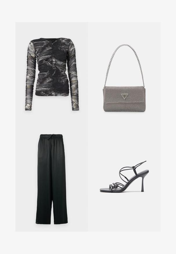 Hosszú ujjú felső fekete és szürke kígyómintával; textúrált, rugalmas anyagból készült, oldalain összegyűjtött részletekkel.; Fekete, széles szárú nadrág sima anyagból, rugalmas derékrésszel és húzózsinórral. Egyszerű, minimalista dizájn.; Fekete magas sarkú szandálok vékony pántokkal, csomózott mintával, sima négyzetes orral és karcsú stiletto sarkal rendelkeznek.; Világosszürke fémes kézitáska lánc pánttal, kis kör alakú fém kifinomult díszítéssel és háromszög alakú márkagéppel.; Ezüst karika fülbevalók sima, fényes felülettel. Lekerekített forma, könnyű kialakítással, tűs zárómechanizmussal.